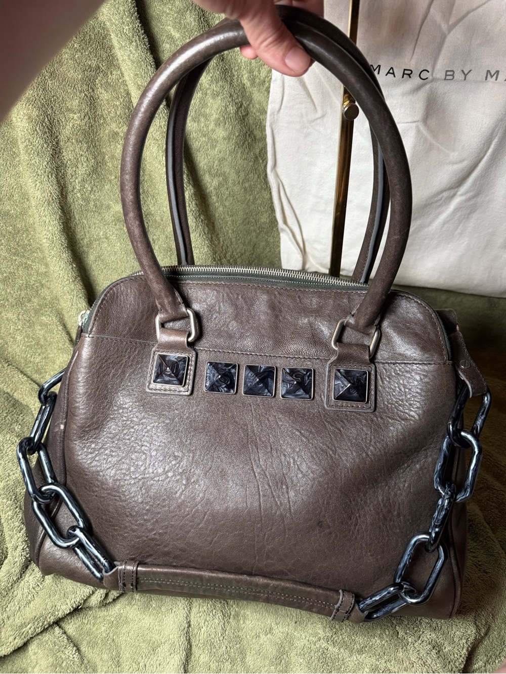 Marc Jacobs Archival Charcoal Leather Coco Satchel Bag Studded Chain Cards